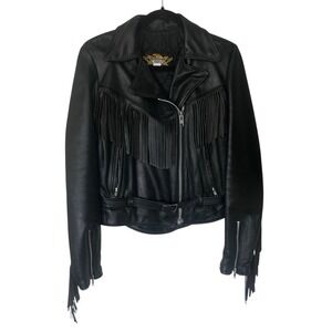 Vintage Universal Rider Leather‎ Motorcycle Jacket Women's Size 10 Black Fringe